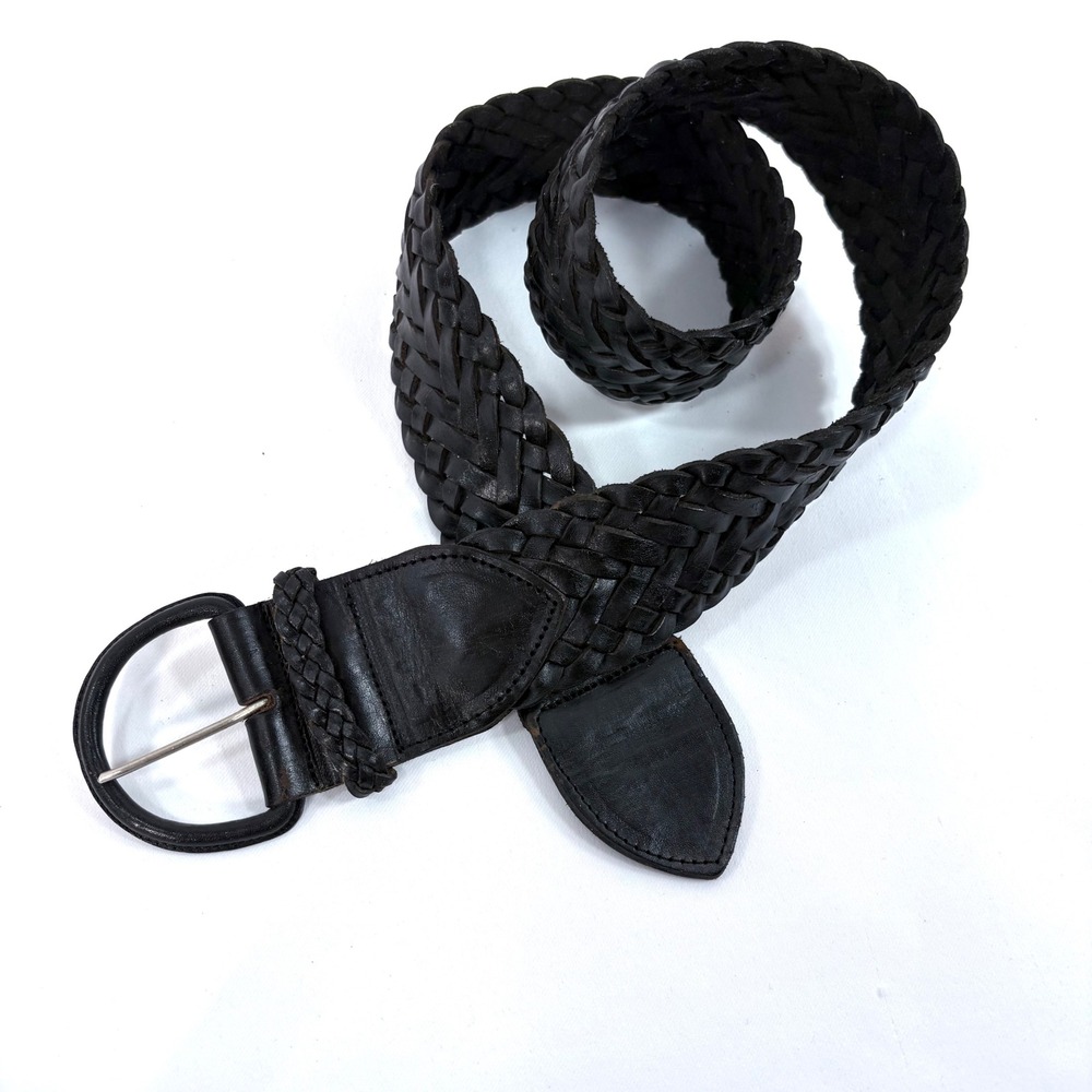 Braided Leather Belt Black Woven Wide Covered Buckle Boho 37 Inch